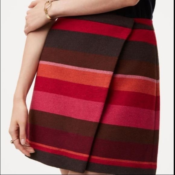 LOFT Dresses & Skirts - LOFT Wool Blend Mini Wrap Skirt Red Brown Pink Stripe Size 10 Lined